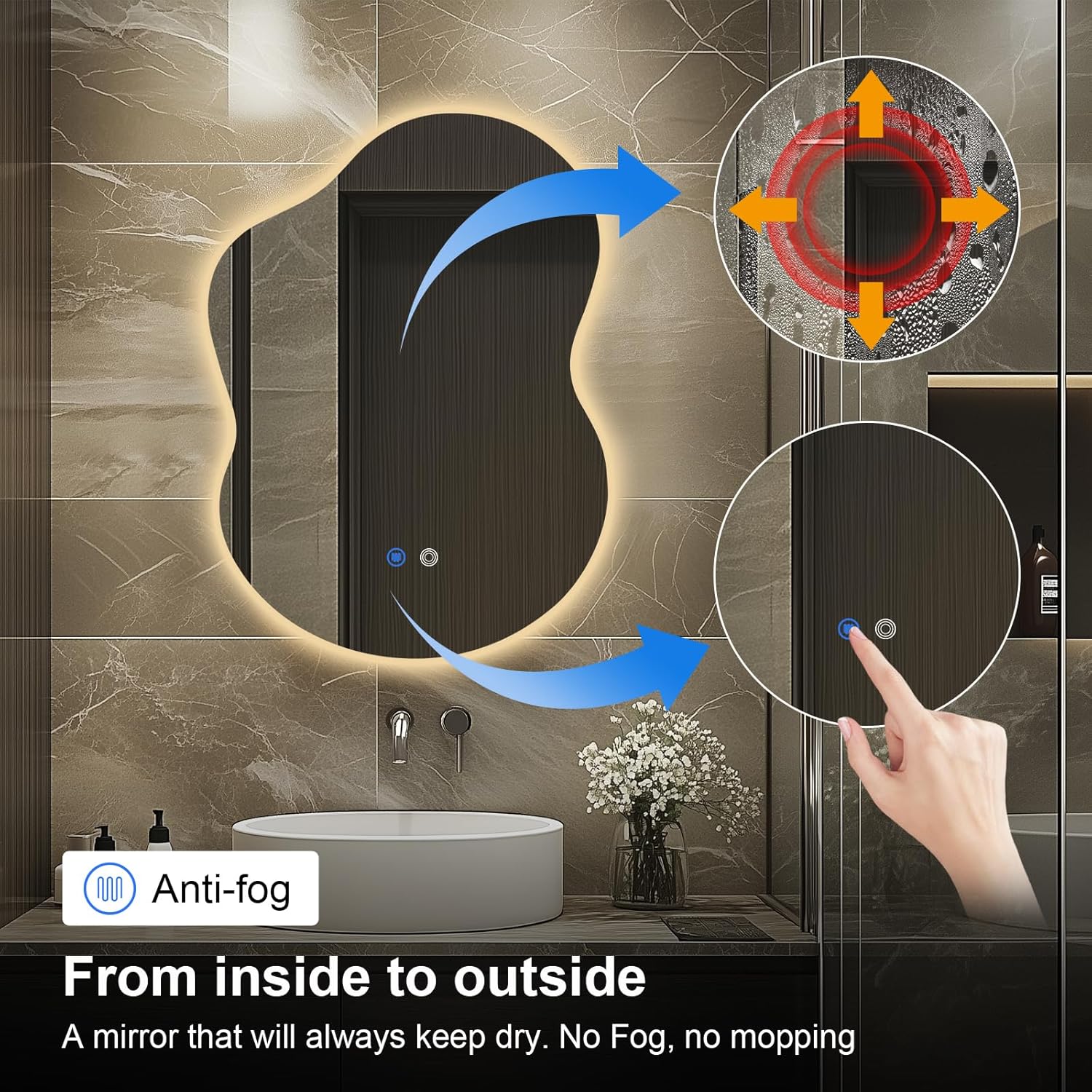 30"x22" Irregular LED Bathroom Mirror with Front & Backlight, Anti-Fog, Dimmable, 3 Color Modes, Wall-Mounted [Horizontal/Vertical]