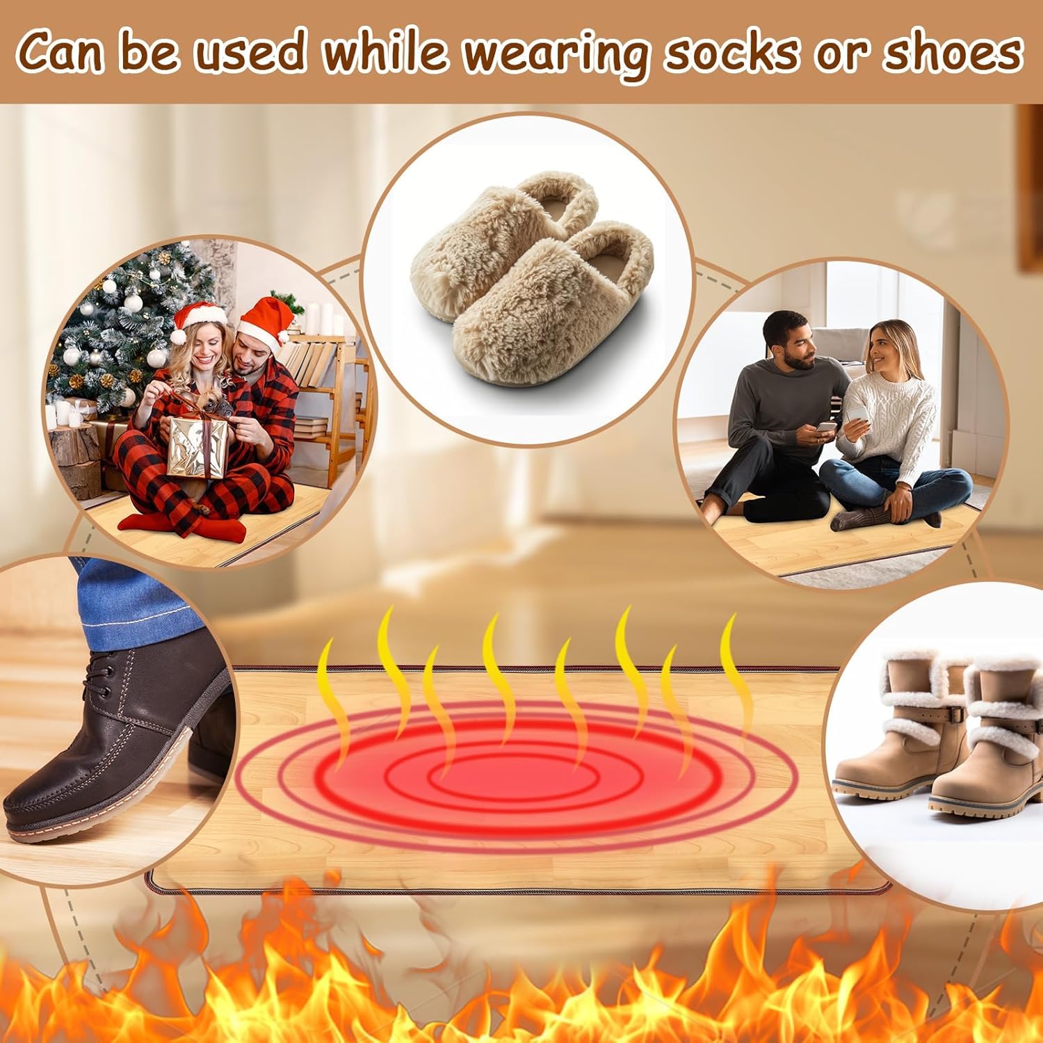 PVC 110V Heated Floor Mat Heater for Foot Warmer Under Desk 48 x 20 Inch Carbon Crystal Wood Stripe Electric Heating Carpet Pad Energy Saving Indoor Heated Rug for Home Office House Brown