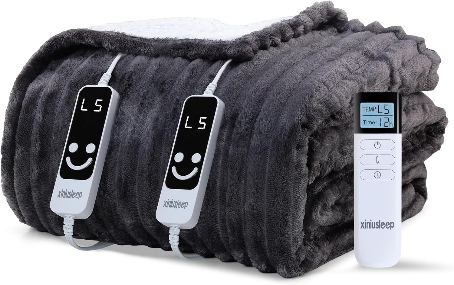 Heated Blanket Electric Blanket 90"x90", Soft Flannel Sherpa Electric Throw with 5 Heating Level & 12 Times Setting, Heated Throw with Overheating Protection, Machine Washable (Grey)