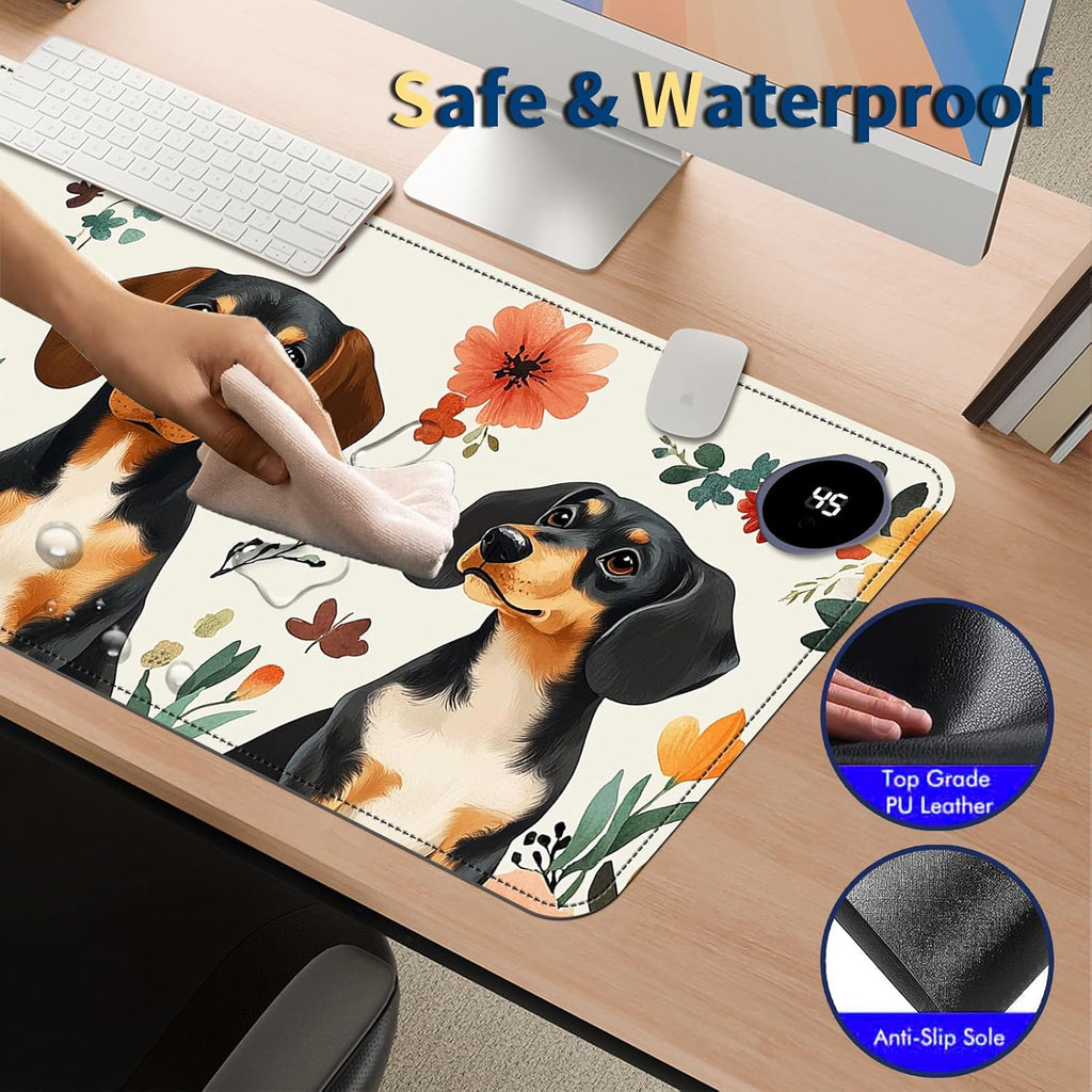 Heated Mouse Pad with 3 Temperature Settings(104°F–122°F),Large 31.5x13 Inch PU Leather Heated Desk Mat,Waterproof Warming Pad for Office,Gaming & Cold Hands Relief,Dogs and Flowers