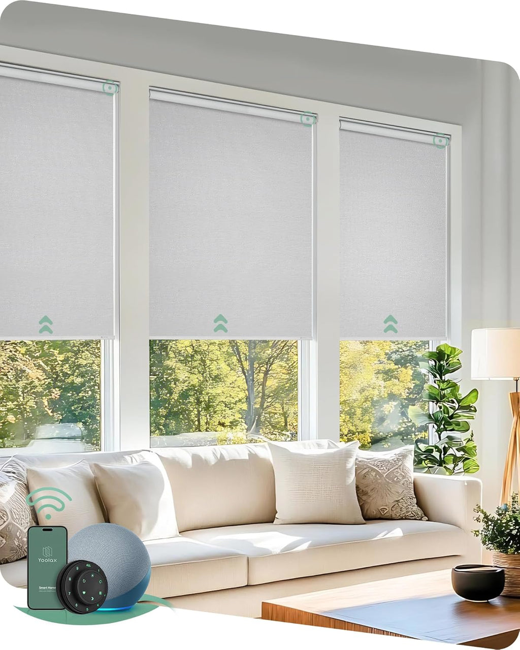 Yoolax Motorized Blinds with Remote, Blackout Smart Blinds for Windows Motorized Roller Shades, Automatic Window Shades Work with Alexa Custom Size (Blackout-Jacquard White)