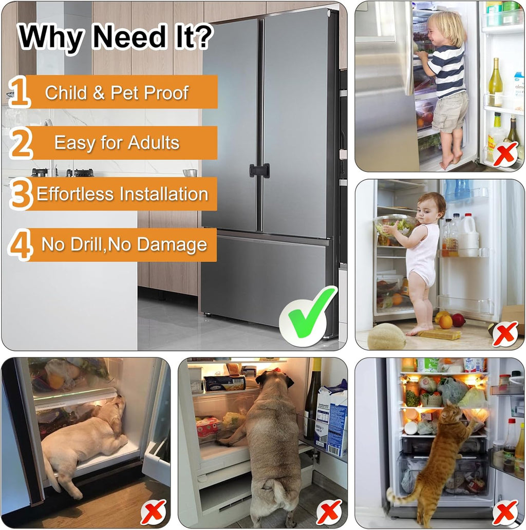 Fridge Locks for Kids, Child Proof Refrigerator Lock, Baby Safety French Fridge Door Lock, Child Cabinet Locks with Strong 3M Adhesive, No Drill, Tool-Free Install (1 Pack, Black)