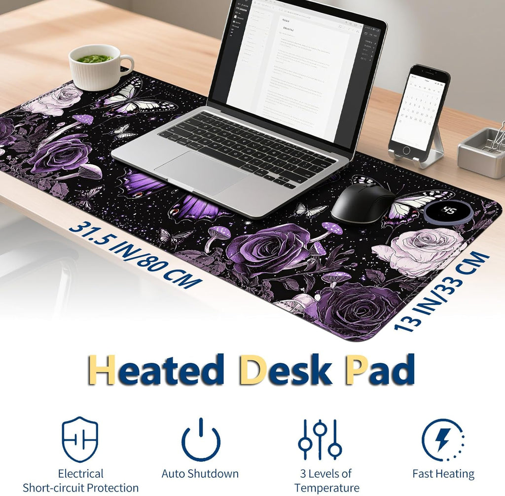 Heated Mouse Pad with 3 Temperature Settings(104°F–122°F),Large 31.5x13 Inch PU Leather Heated Desk Mat,Waterproof Warming Pad for Office,Gaming & Cold Hands Relief,Purple Butterfly Flower