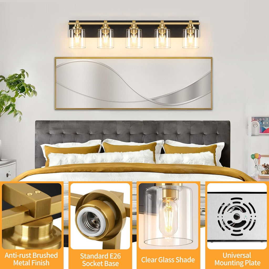 5 Light Modern Bathroom Light Fixtures Over Mirror, Black Gold Vanity Lights for Bathroom Wall Sconces with Clear Glass Shades, E26 Socket (Bulbs Not Included)
