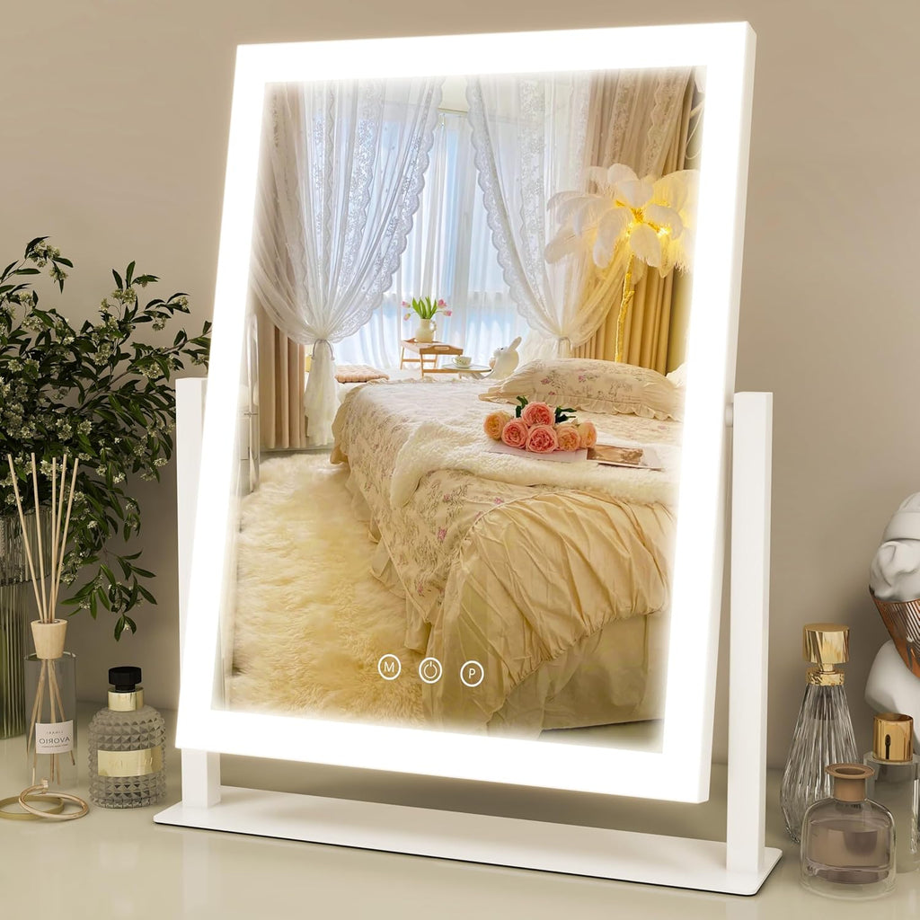 ROLOVE Vanity Mirror with Lights, Three Colors Lighting Mode, 360°Rotation, Lighted Makeup Mirror wih Stand for Desk, Bedroom, Dorm, Gifts for Women, 13x16 Inch