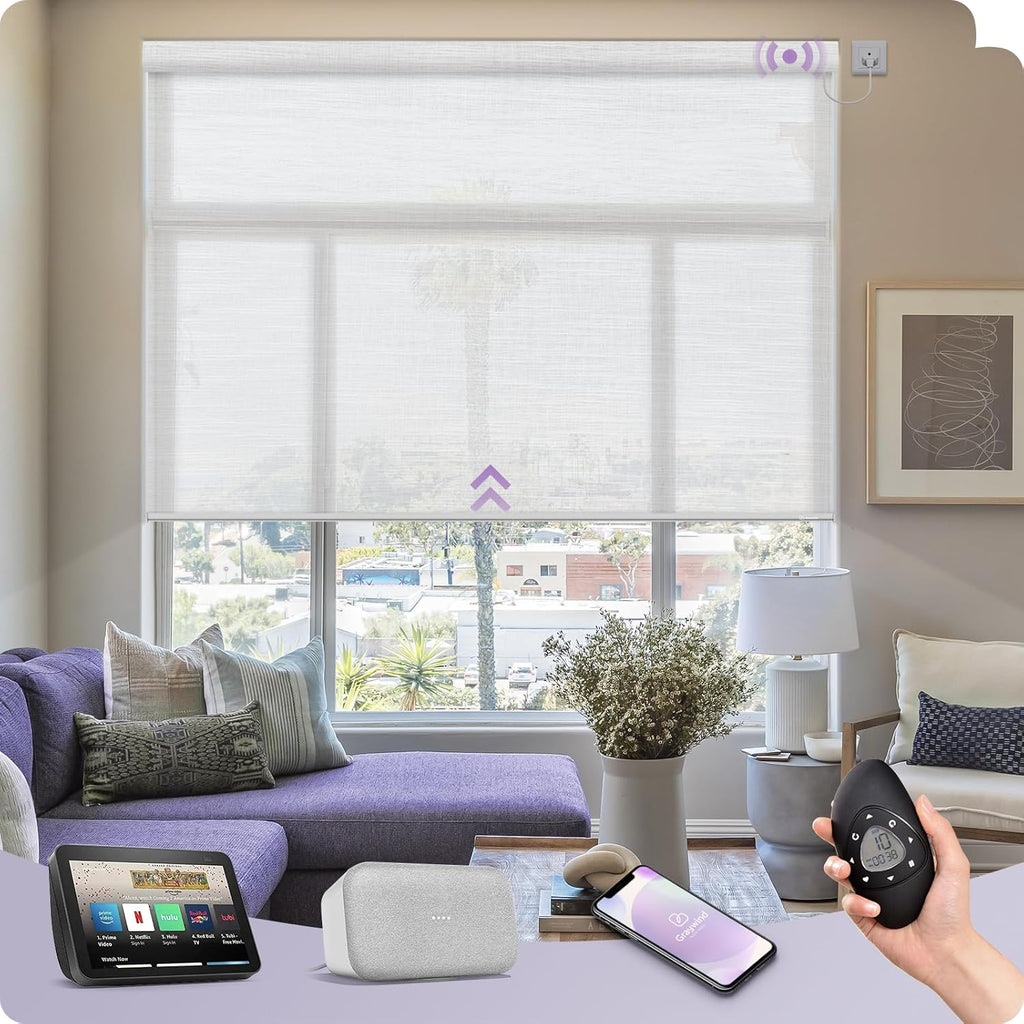 Graywind Motorized Light Filtering Shades Compatible with Alexa Google Hardwired WiFi Smart Half Shading Remote Control Automated Blinds Electric Window Shades, Custom Size (Mixwave White)