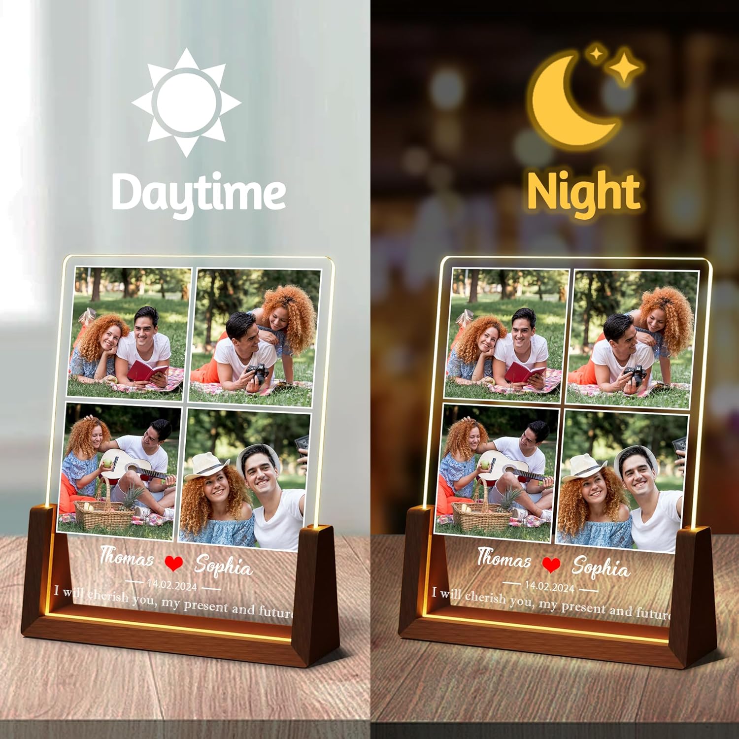 Personalized Couple Gifts For Boyfriend Girlfriend Him Her, Custom Acrylic Plaque Light Up Picture Frame With Photo Name, Anniversary Birthday Christmas Gifts For Women Men Husband Wife