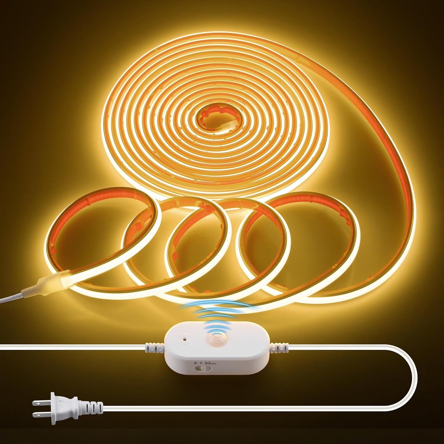 20FT Motion Sensor COB LED Light Strip Warm White 3000K AC 110V 288LEDs/M Waterproof IP68 Adjustable Time-Delay Flexible Motion Activated Led Strip Light Plug In for Stairs Courtyard Under Cabinet