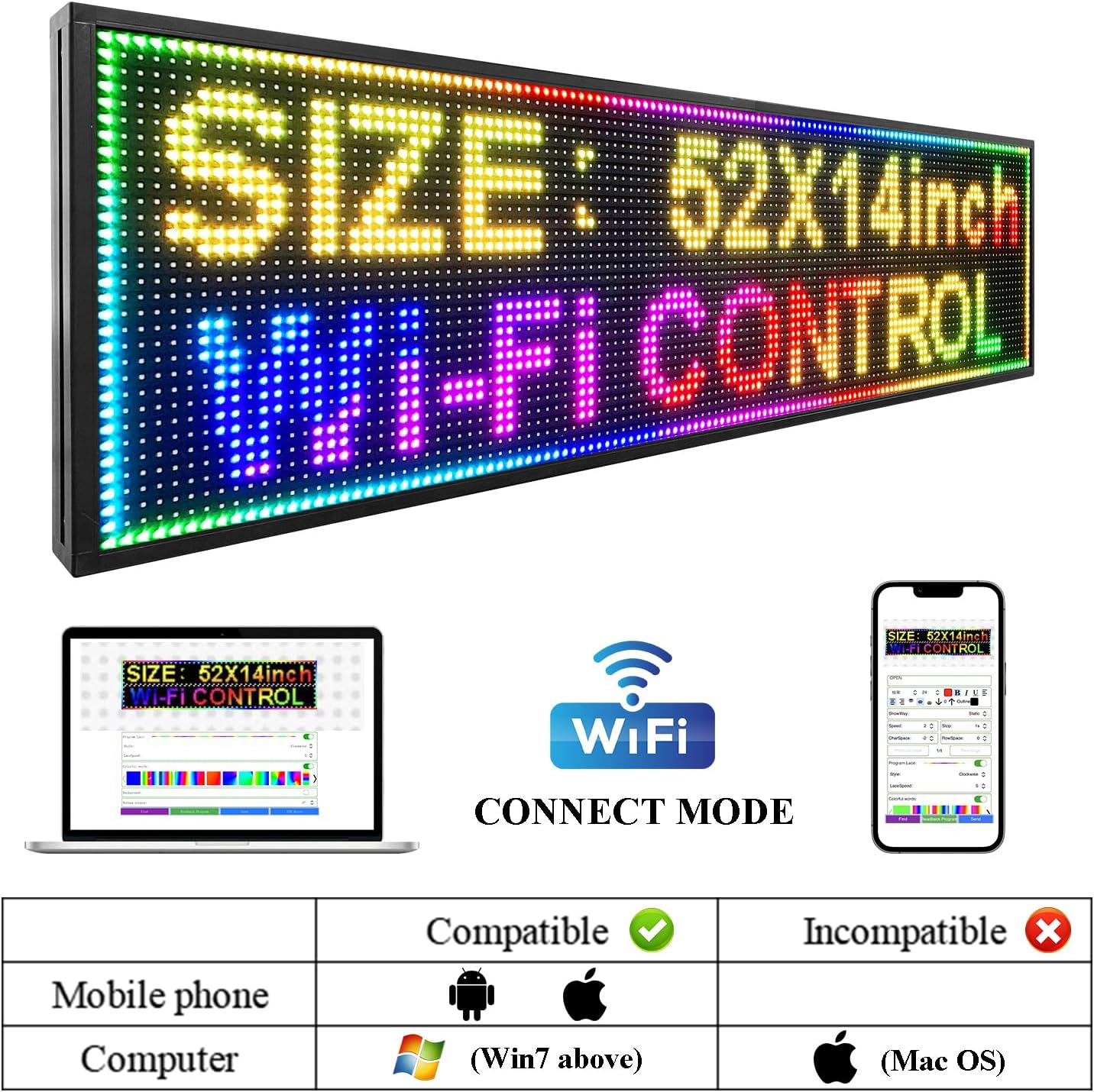 P10 Outdoor Led Sign 52”x14” RGB Full Color WiFi Programmable Bright LED Scrolling Message Display Board, Perfect Solution for Advertising