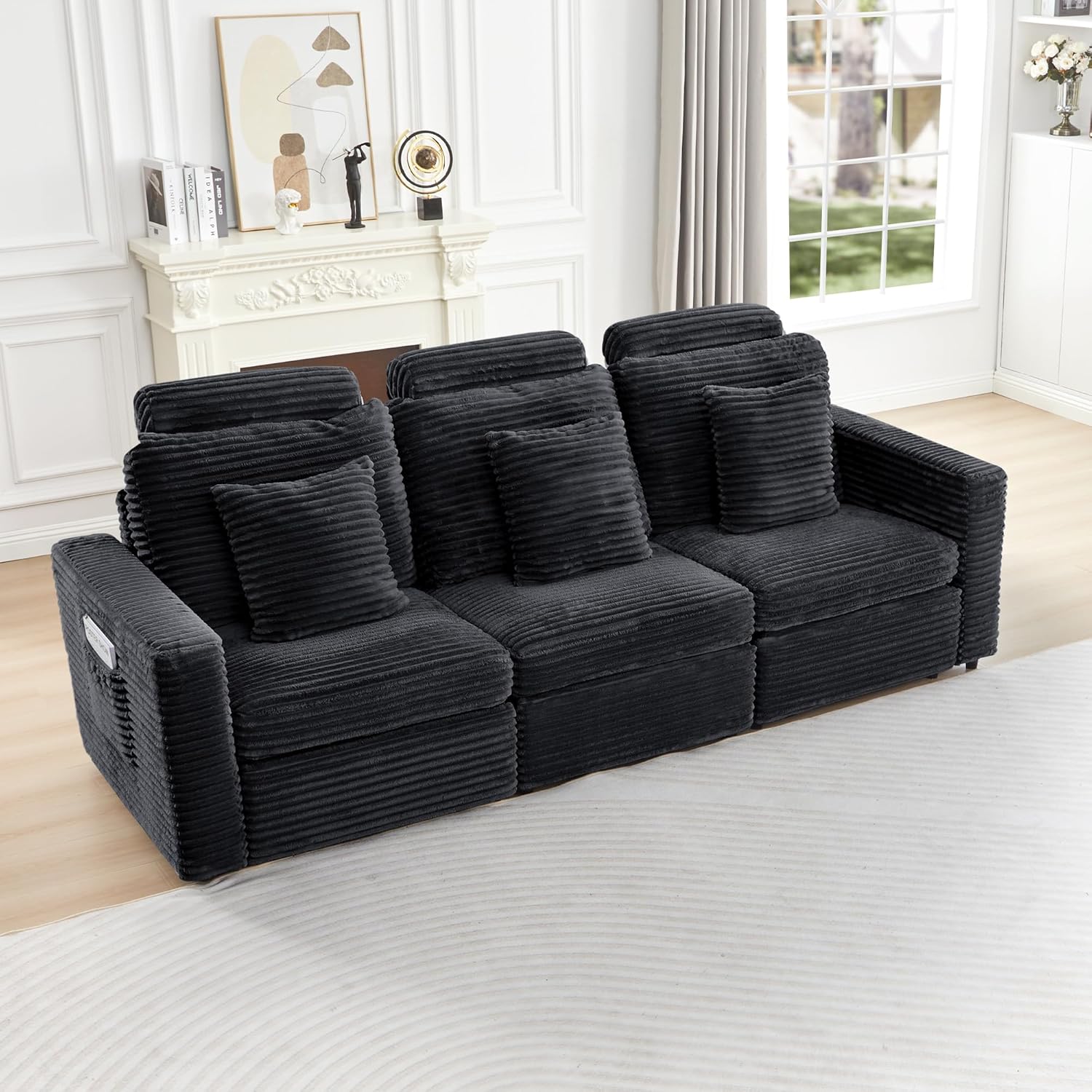 LEVNARY Modular Sofa Armrest Set of 2 with Side Storage Pockets, Faux Rabbit Fur Upholstered Arm Panels, Compatible with Modular Recliner System (Black)