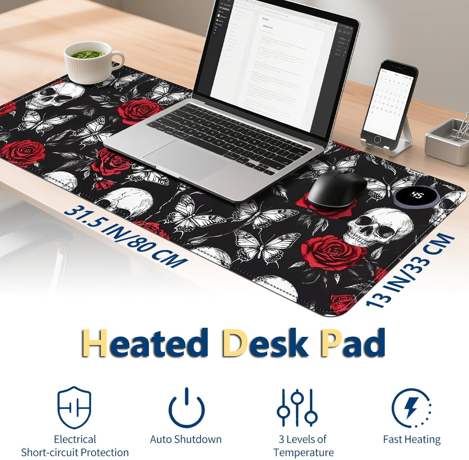 Heated Mouse Pad with 3 Temperature Settings(104°F–122°F),Large 31.5x13 Inch PU Leather Heated Desk Mat,Waterproof Warming Pad for Office,Gaming & Cold Hands Relief,Skeleton Skull Rose