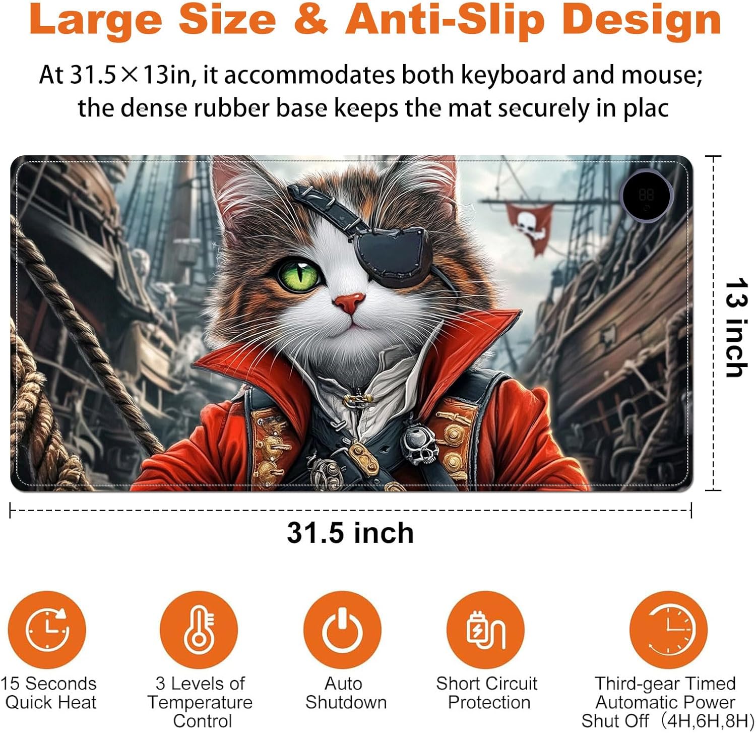 Heated Mouse Pad for Desk 31.5" x 13" – PU Leather Warm Desk Pad with 3 Heat Levels (104°F/113°F/122°F), Plug-in Electric Heating Mat with Auto Shut-Off, Waterproof & Rollable, Pirate Cat