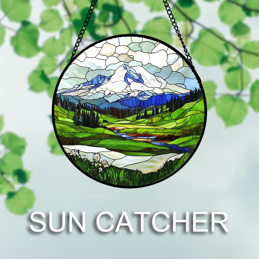 Stained Glass Window Hanging 4 Pcs Set Mountains Lake Green White Landscape 6.3" - Suncatcher Door Garden Sun Catcher Decor Birthday Christmas for Mom Woman Nana Men