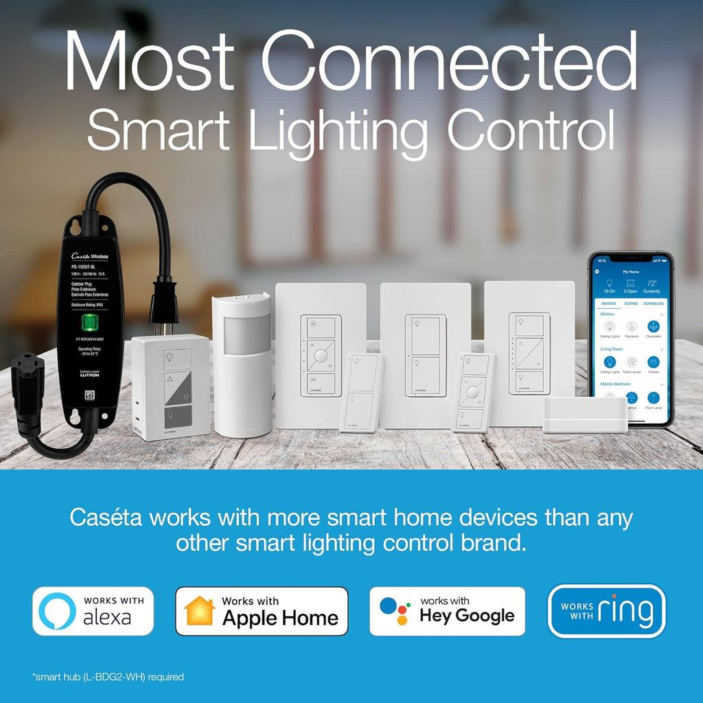 Lutron Caseta Original Smart Dimmer Switch (Lutron Smart Hub Required), for LED Lights, 150 Watt, Single-Pole/3-Way, No Neutral Required, PD-6WCL-WH, White, 4-Pack