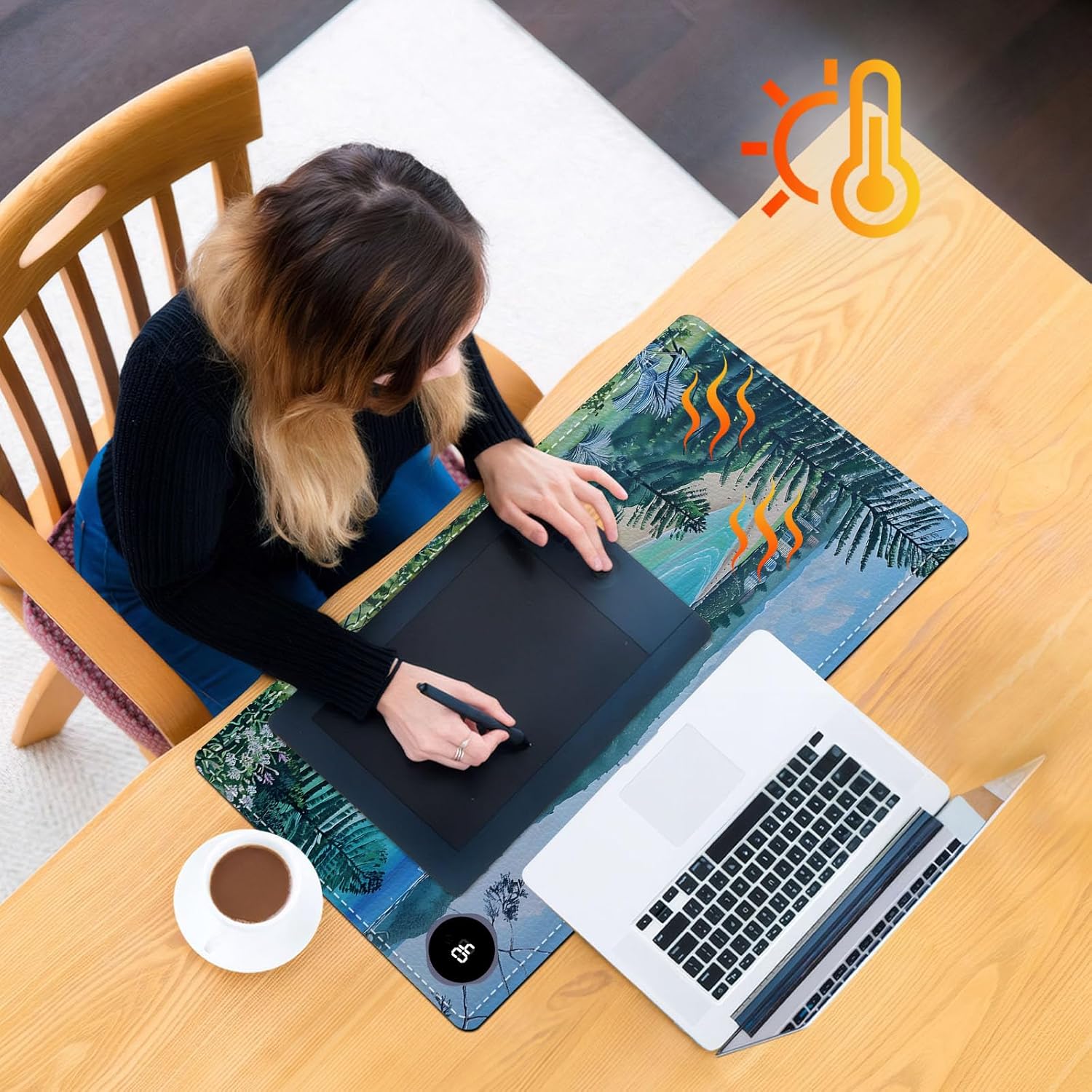 Heated Mouse Pad, Warm Desk Pad, Keyboard Mat 23.6 x 14 Inch Large Size Intelligent Fast Heating, 3 Speed Adjustable, Timed Auto Power Off for Game Office Home, Blue Sea Level Beach Woods