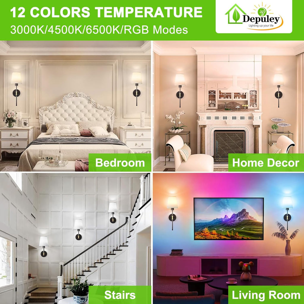 Depuley Battery Operated Wall Sconce: Set of 2 19.99" Wireless Wall Lights with Remote for Bedroom - Rechargeable 15 Colors Black and Gold Wall Lamp for Living Room Hallway Decor