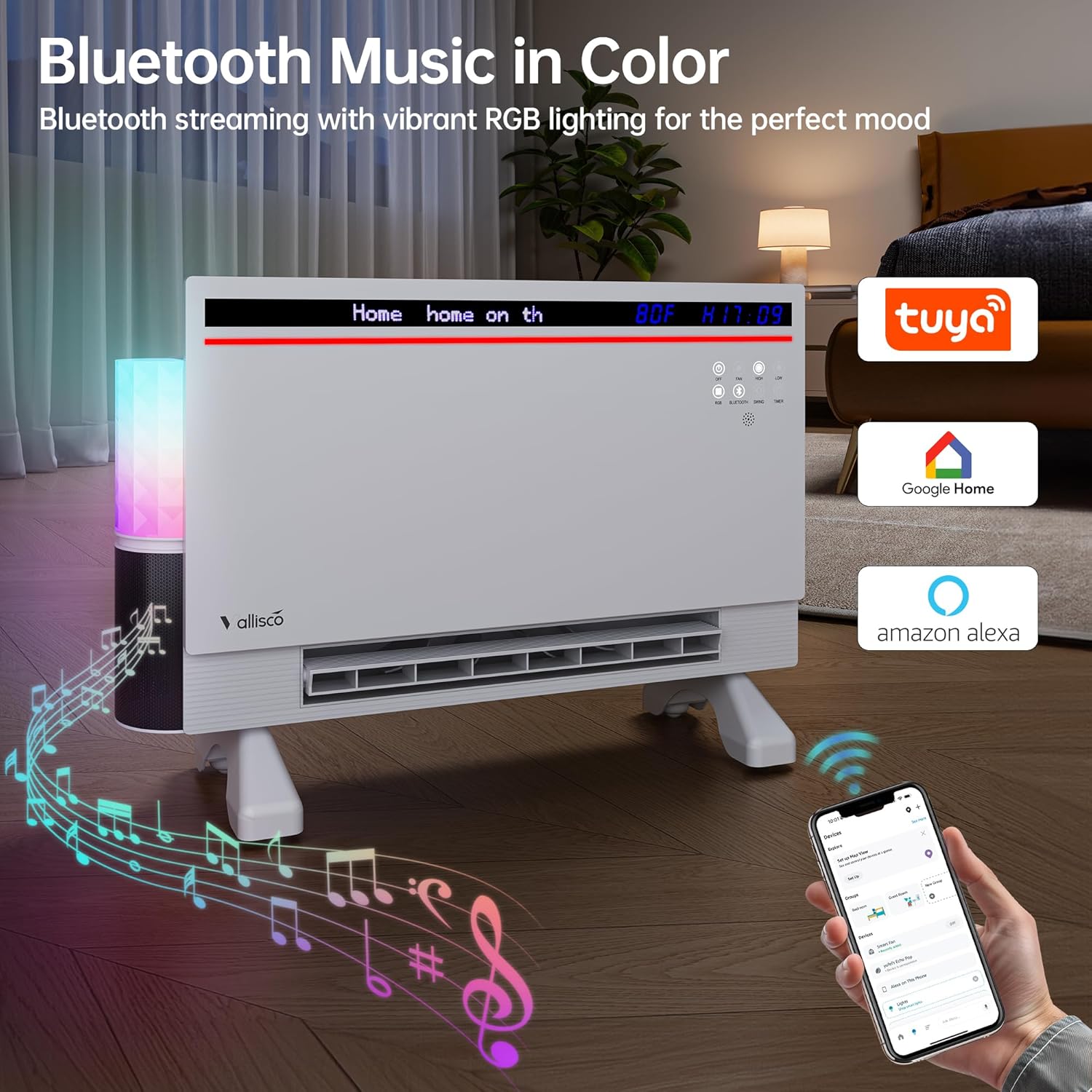 Smart Electric Space Heater with Bluetooth Speaker & RGB Light, App/Remote/Touch Control, Freestanding/Wall Heater, 2 Heat & 2 Fan Modes for All-Season Indoor Use, 110° Oscillating, Works with Alexa