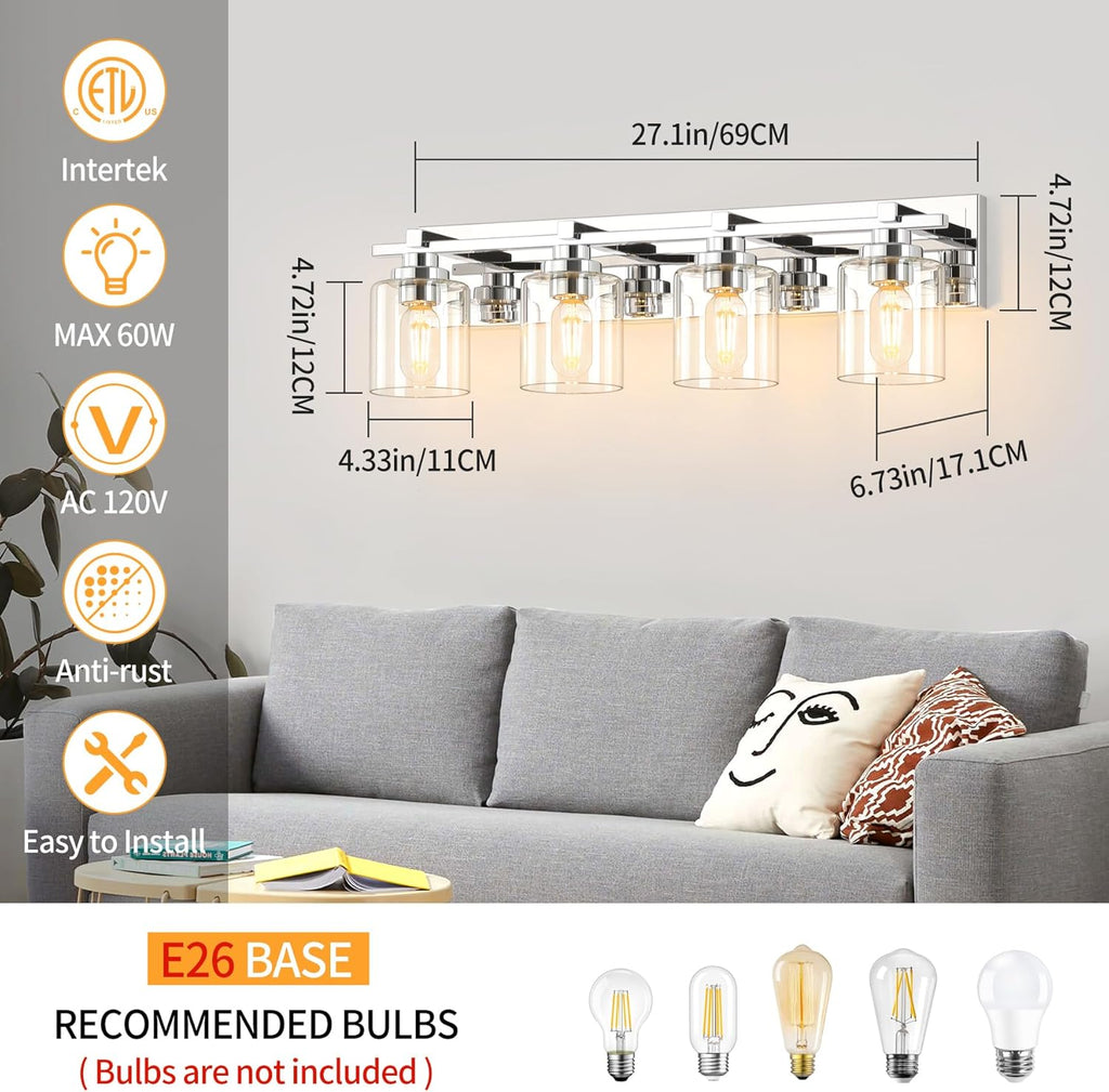 4 Light Modern Bathroom Light Fixtures Over Mirror, Chrome Vanity Lights for Bathroom Wall Sconces with Clear Glass Shades, E26 Socket (Bulbs Not Included)