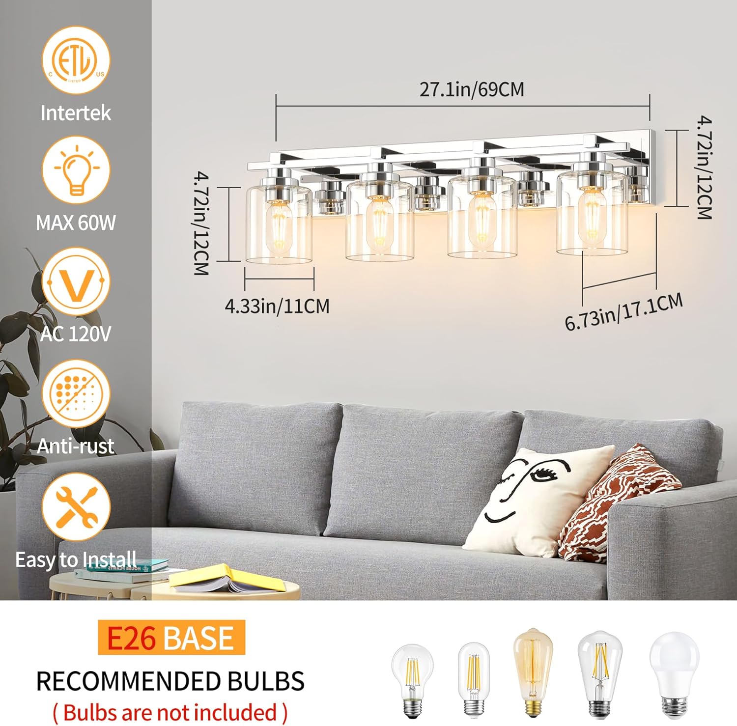 4 Light Modern Bathroom Light Fixtures Over Mirror, Chrome Vanity Lights for Bathroom Wall Sconces with Clear Glass Shades, E26 Socket (Bulbs Not Included)