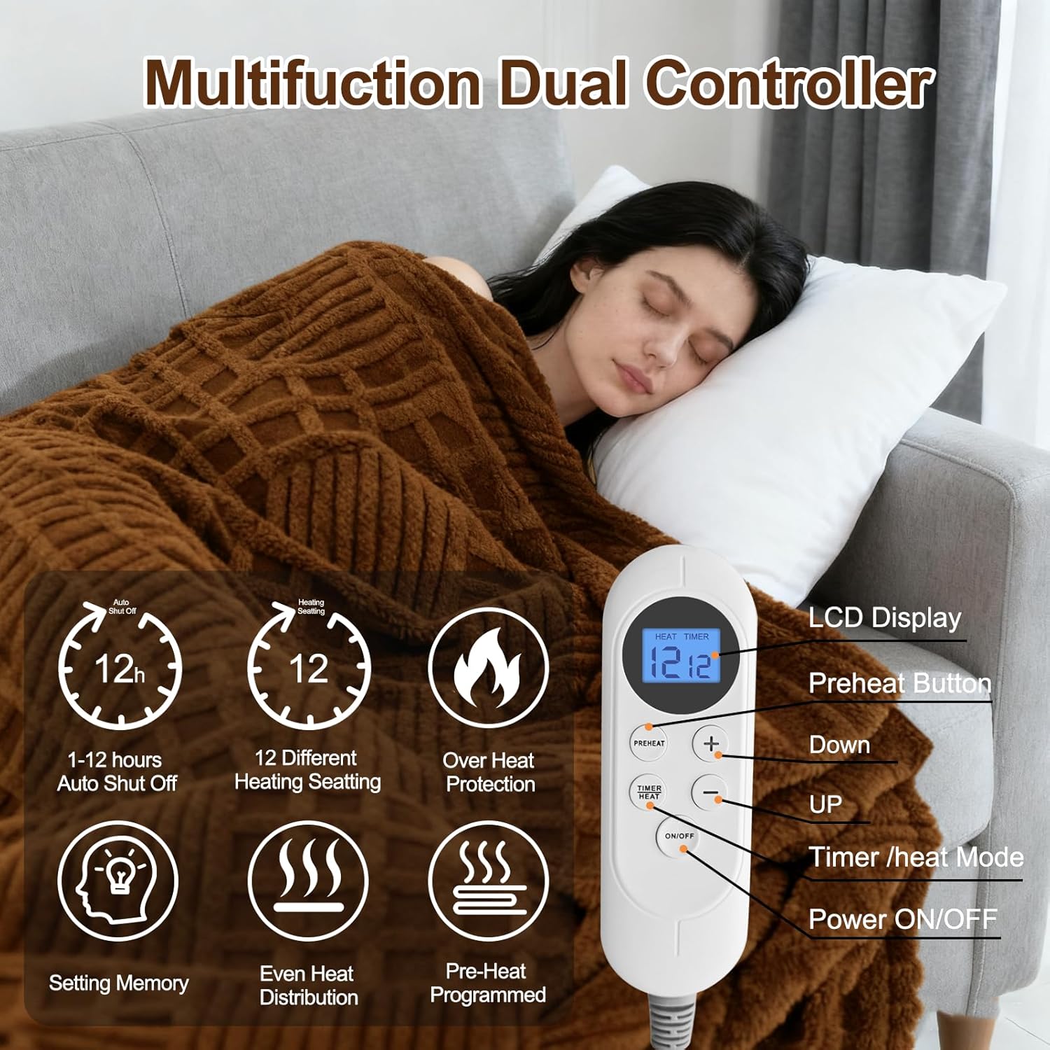Heated Blanket Electric Queen,Waffle Heating Blanket with 12 Heat Levels, Fast Heating Blanket with 1-12 Timer Settings, Overheat Protection with ETL & FCC for Home Office Sofa-84"x90"