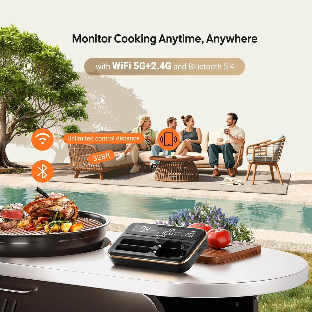 5GHz & 2.4GHz WiFi Wireless Meat Thermometer, INKBIRD WiFi Smart Thermometer with 2 Size-Coded Probes and Unlimited Range,Bluetooth 5.4 Thermometer with 360° Readable LCD-Enhanced Booster