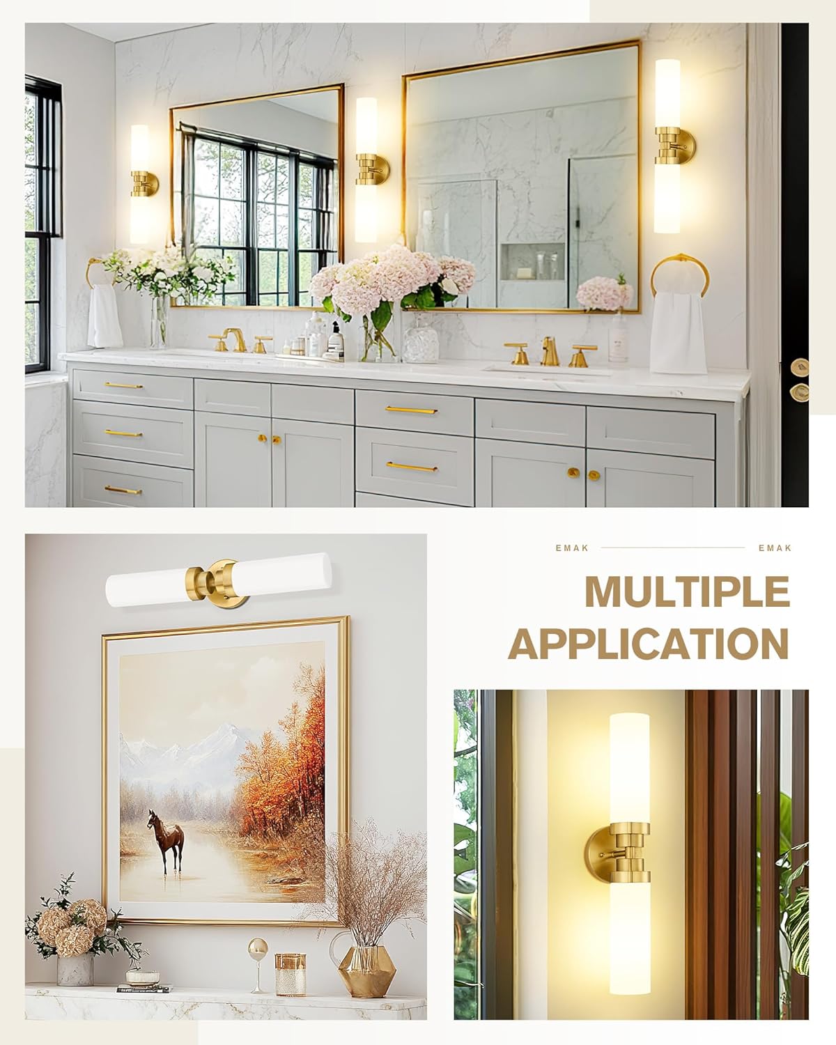 Emak 2 Pack Brushed Gold Bathroom Light Fixtures, 2 Light Bathroom Vanity Light with Milk Glass Shade, 22 Inch Modern Wall Sconce for Bath, Mirror, VL085-BGD-ML-2-PK