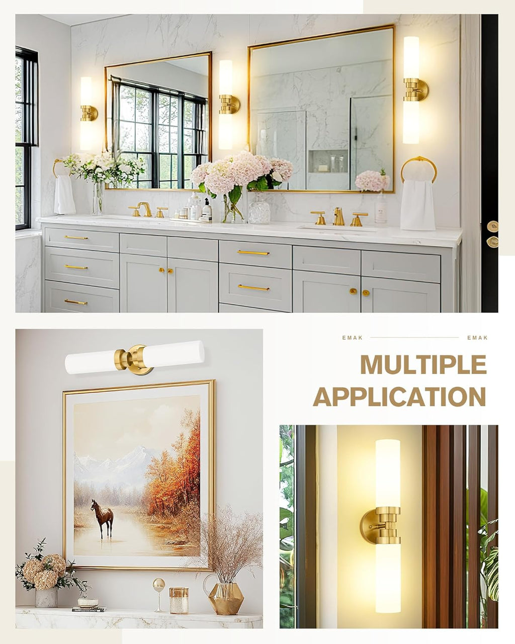 Emak Modern 22 Inch Bathroom Light Fixtures Over Mirror, Brushed Gold Vanity Light Bar with Milk Glass Shade, 2-Light Bathroom Wall Sconce, VL085-BGD-ML-2
