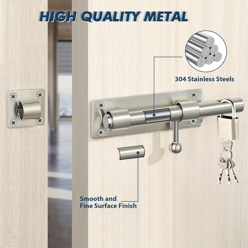 Alise 6 inch Barrel Bolt Latch,Slide Bolt Latch, Heavy Duty Solid SUS304 Stainless Steel Slide Lock for Wooden Fence,Barn Door,Interior or Outdoor Door Brushed Nickel MS8000-LS