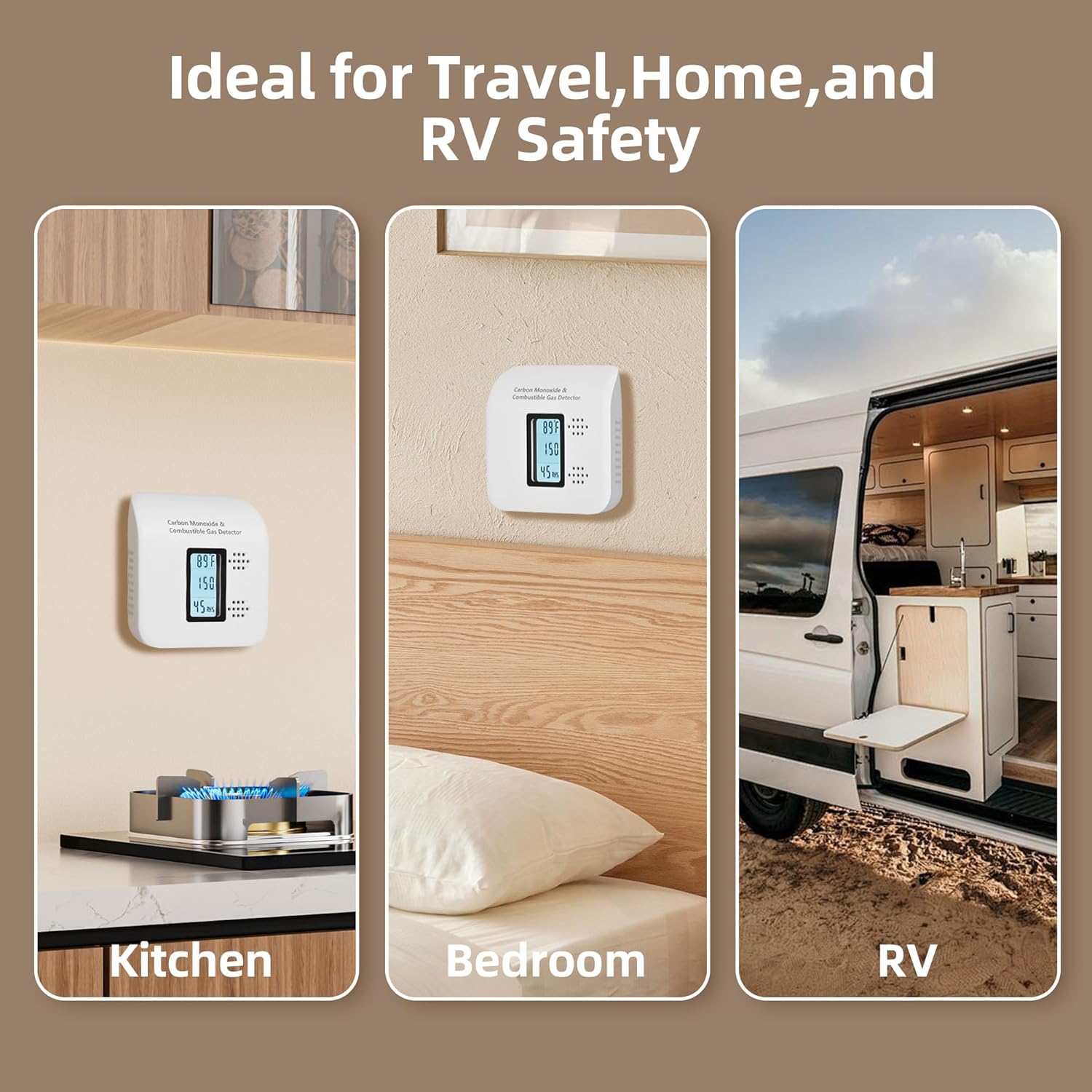 Travel Carbon Monoxide Detectors Plug in Design-4in1, Gas Leak Detector and Natural Gas Detector with Built-in CO Detector, Ideal for Home, Kitchen, RV and Hotel Safety with Real-Time Monitoring