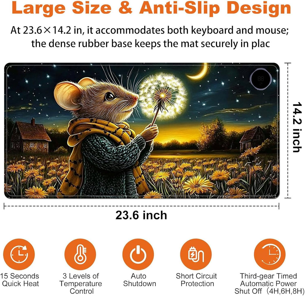 Small Heated Desk Pad 23.6" x 14.2" – Compact Electric Mouse Pad with 3 Heating Levels, Auto Shut-Off, Waterproof PU Surface, Plug-in Warmer for Office or Home Use, Mouse with Dandelion