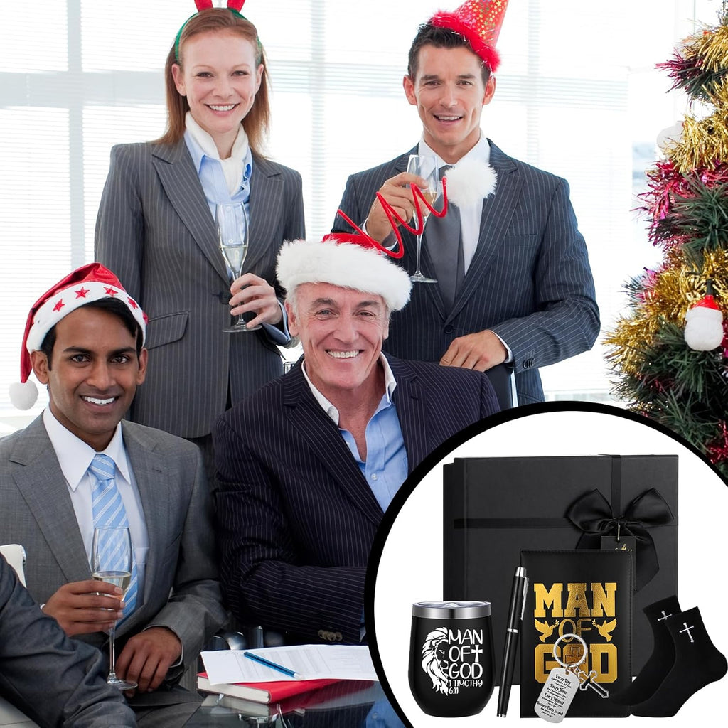6 Pcs Christmas Christian Gifts for Men Man of God Religious Faith Gifts Tumbler Bible Verse Keychain Socks Pen Man of God Notebook Box for Male Pastor Clergy Catholic Church Birthday