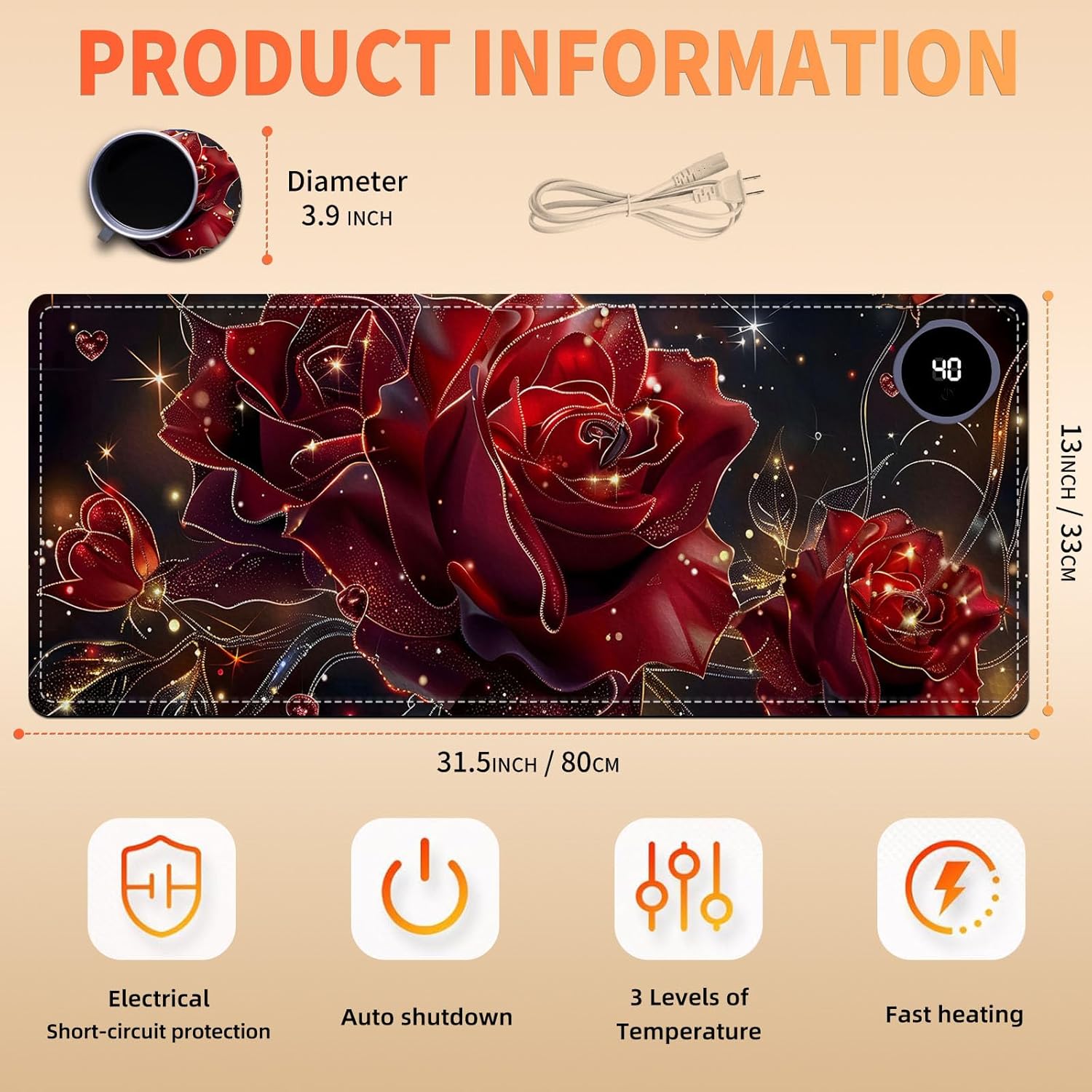 Heated Mouse Pad, Warm Desk Pad, Keyboard Mat 31.5 x 13 Inch Large Size Intelligent Fast Heating, 3 Speed Adjustable, Timed Auto Power Off for Game Office Home,Flowers Roses