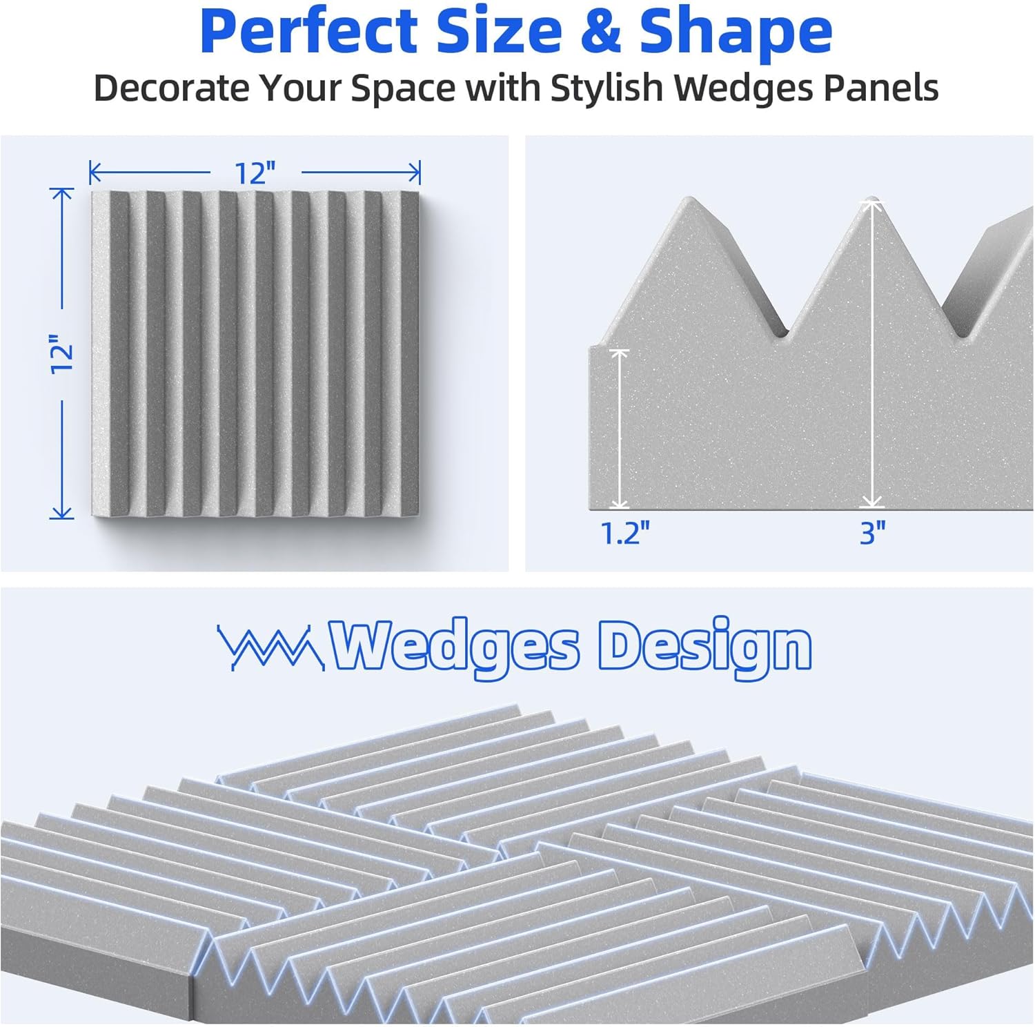 12 Pack Sound Proof Foam Panels for Wall with Self Adhesive, 3" X 12" X 12" High Density Acoustic Panels Sound Absorbing Quick-Recovery, Wedges Soundproof Wall Panels for Gaming & Studio Decor - Gray