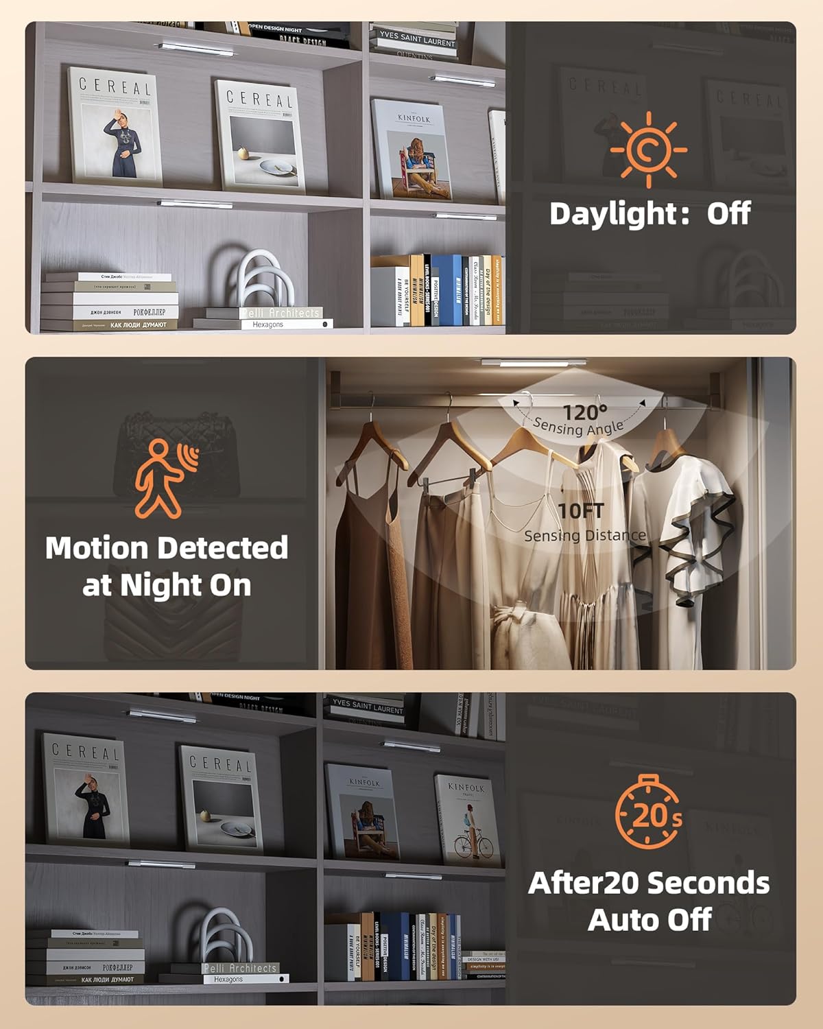 EZVALO 3 Pack Led Under Cabinet Lights Wireless with Charging Station, 7’’ Rechargeable Motion Sensor Light Indoor,3 Color Temperatures&Dimmable Closet Lights for Cabinets, Bookshelf, Stair, Hallway