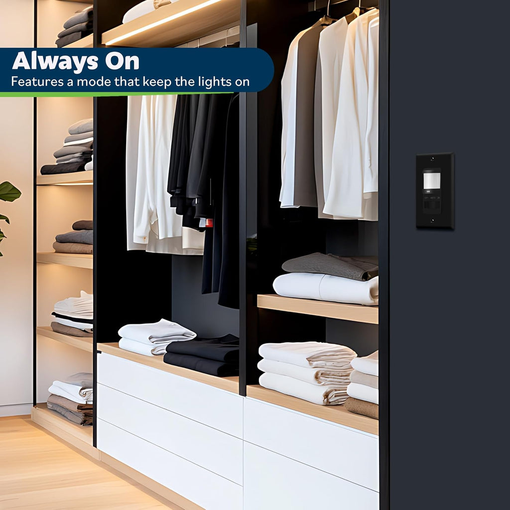TOPGREENER in Wall PIR Motion Sensor Light Switch, Occupancy Sensor Switch, 𝐍𝐞𝐮𝐭𝐫𝐚𝐥 𝐖𝐢𝐫𝐞 𝐑𝐞𝐪𝐮𝐢𝐫𝐞𝐝, On/Off Override, 𝐒𝐢𝐧𝐠𝐥𝐞 𝐏𝐨𝐥𝐞, 4A, 500W, TSOS5-BKWP,Black,4 Pack