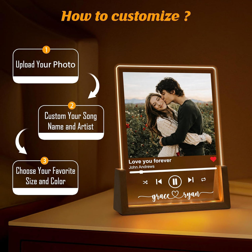 NAZENTI Personalized Couple Photo Frame with Light, Custom Picture Plaque with Stand, Couple Music Song Night Light, Gift for Him, Valentine Day Gifts for Girlfriend Boyfriend