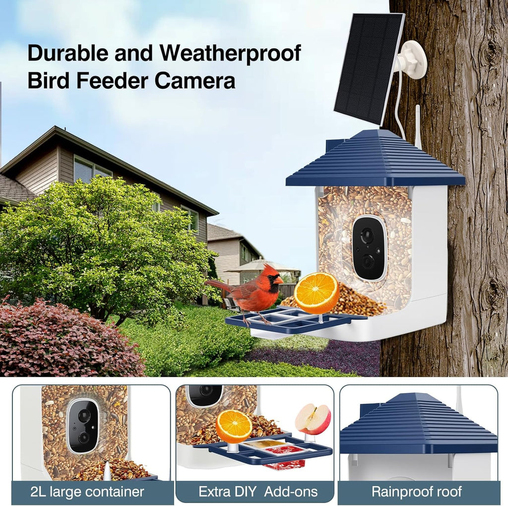 Smart Bird Feeder with Camera,AI Identify Species,Bird House with Solar Powered,Instant Arrival Alerts,2K HD Capture Video Live View,Gift for Birds Lover (Indigo Blue)
