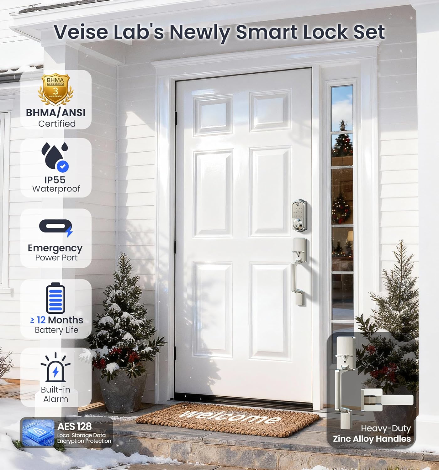 Veise VE017-D Fingerprint Smart Front Door Lock Set, App Control, 8-in-1 Keyless Entry Deadbolt with Lever Handle, Emergency Power Port, Auto Lock, Touchscreen Keypad, Easy Install, Satin Nickel