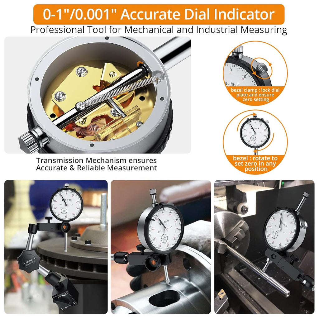Neoteck Dial Indicator 0-1”/0.001” with 90lbs/40kg Magnetic Base,Imperial Dial Test Indicator Gauge Set for Lathe,3D Printer,CNC,Automobile,Laboratory