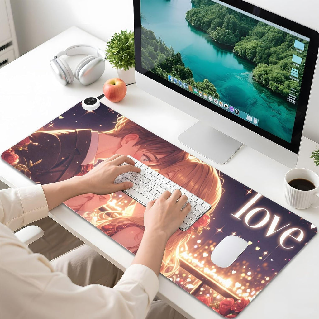 Large Heated Mouse Pad,Leather Desk Mat,31.5"x13",Hand Warmer Pads for Desk,Love(Love)