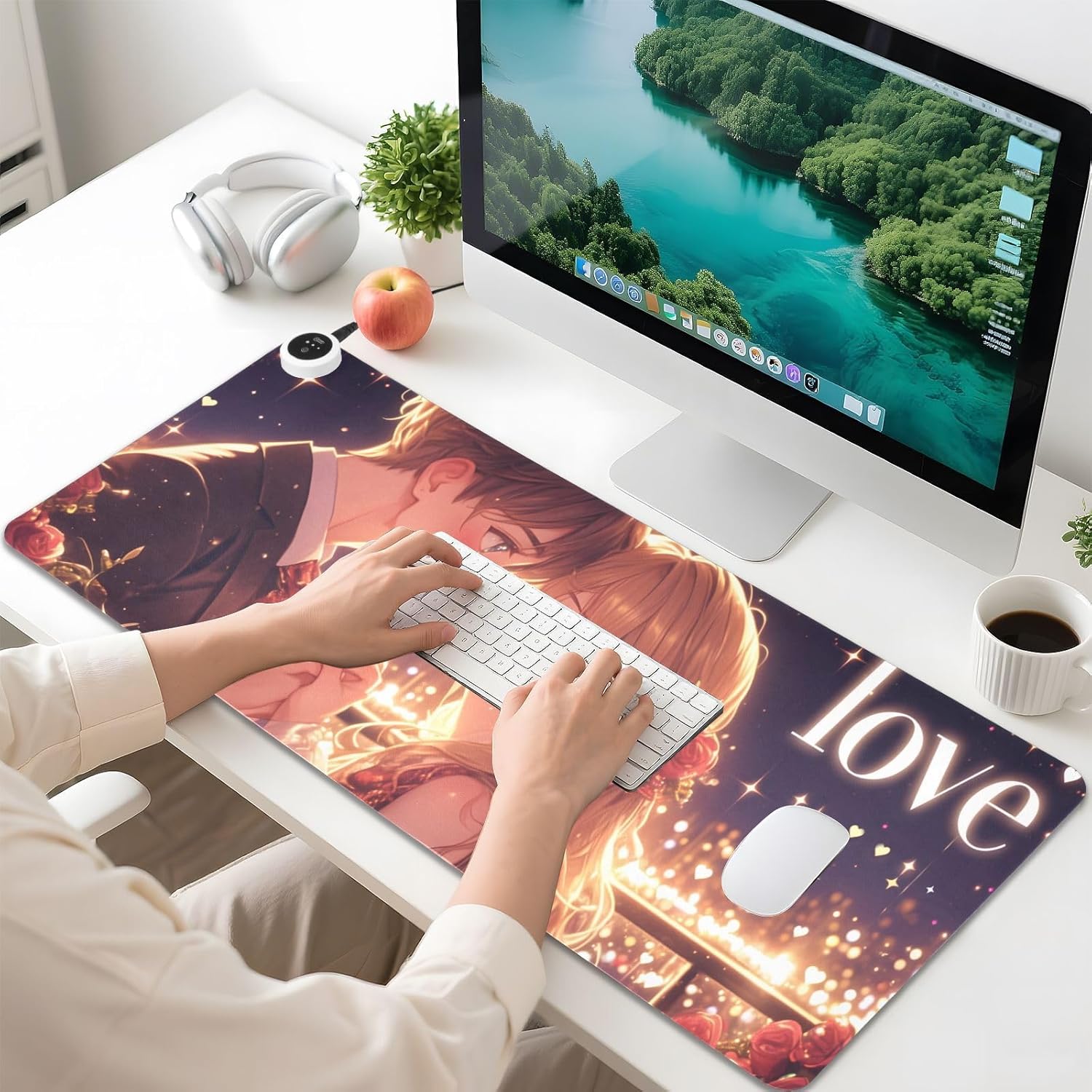 Large Heated Mouse Pad,Leather Desk Mat,31.5"x13",Hand Warmer Pads for Desk,Love(Love)