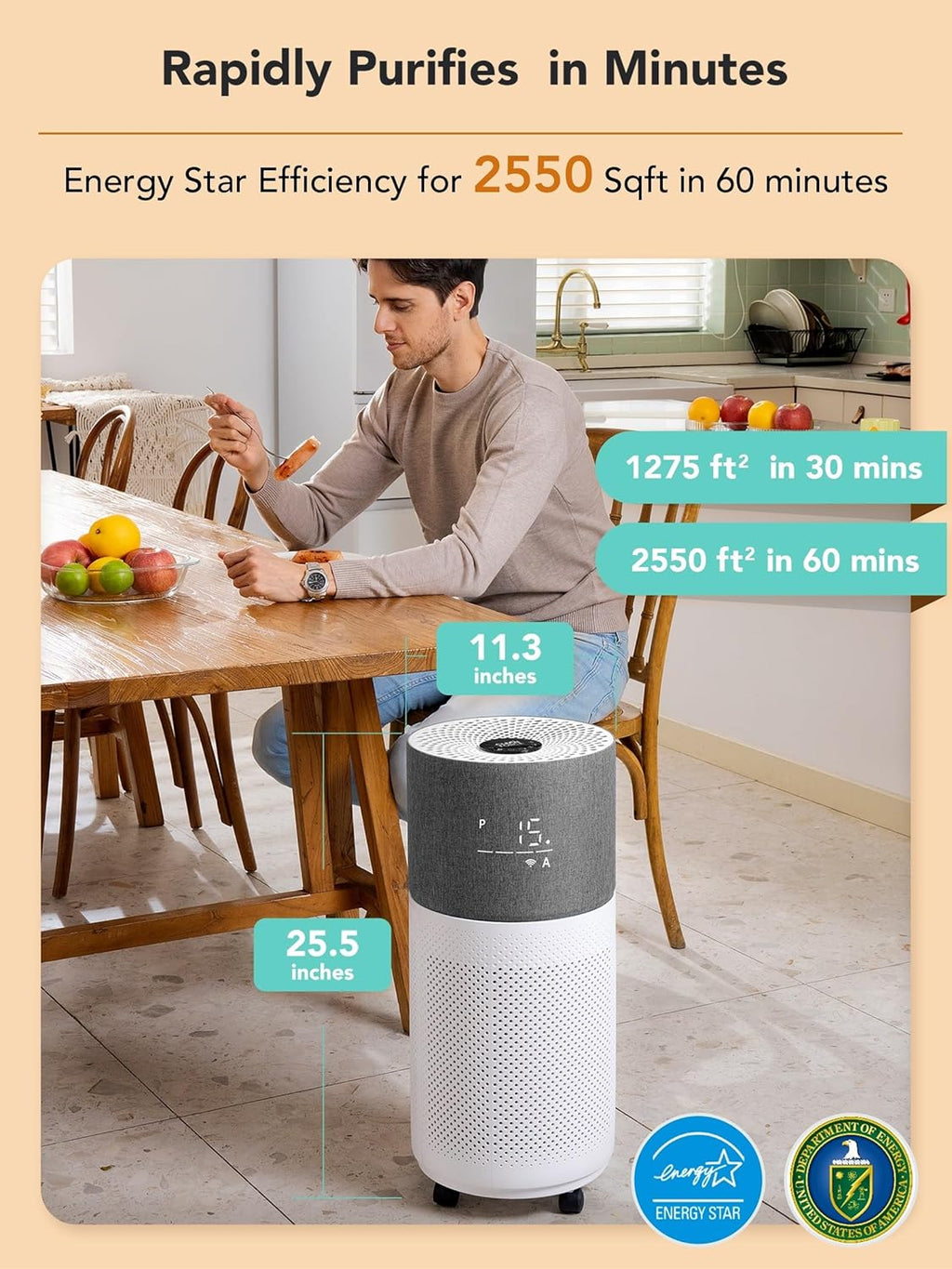 CleanForce Air Purifier for Home Large Room up to 2550 ft², Swiss Sanitized HEPA & Carbon Filter, asthma & allergy friendly Certified for Dust/Pollen/Pet Dander, Alexa/App Control, Ozone-Free, Rainbow