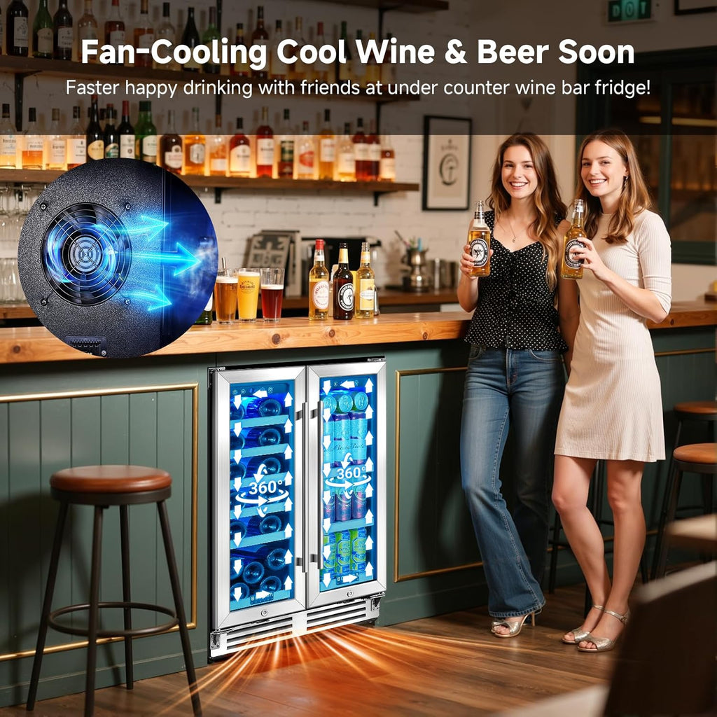 BODEGA 24 Inch Beverage and Wine Refrigerator, Dual Zone Wine Cooler Under Counter, with Independent Temperature Control and Upgraded Compressor, Holds 57 Cans and 19 Bottles