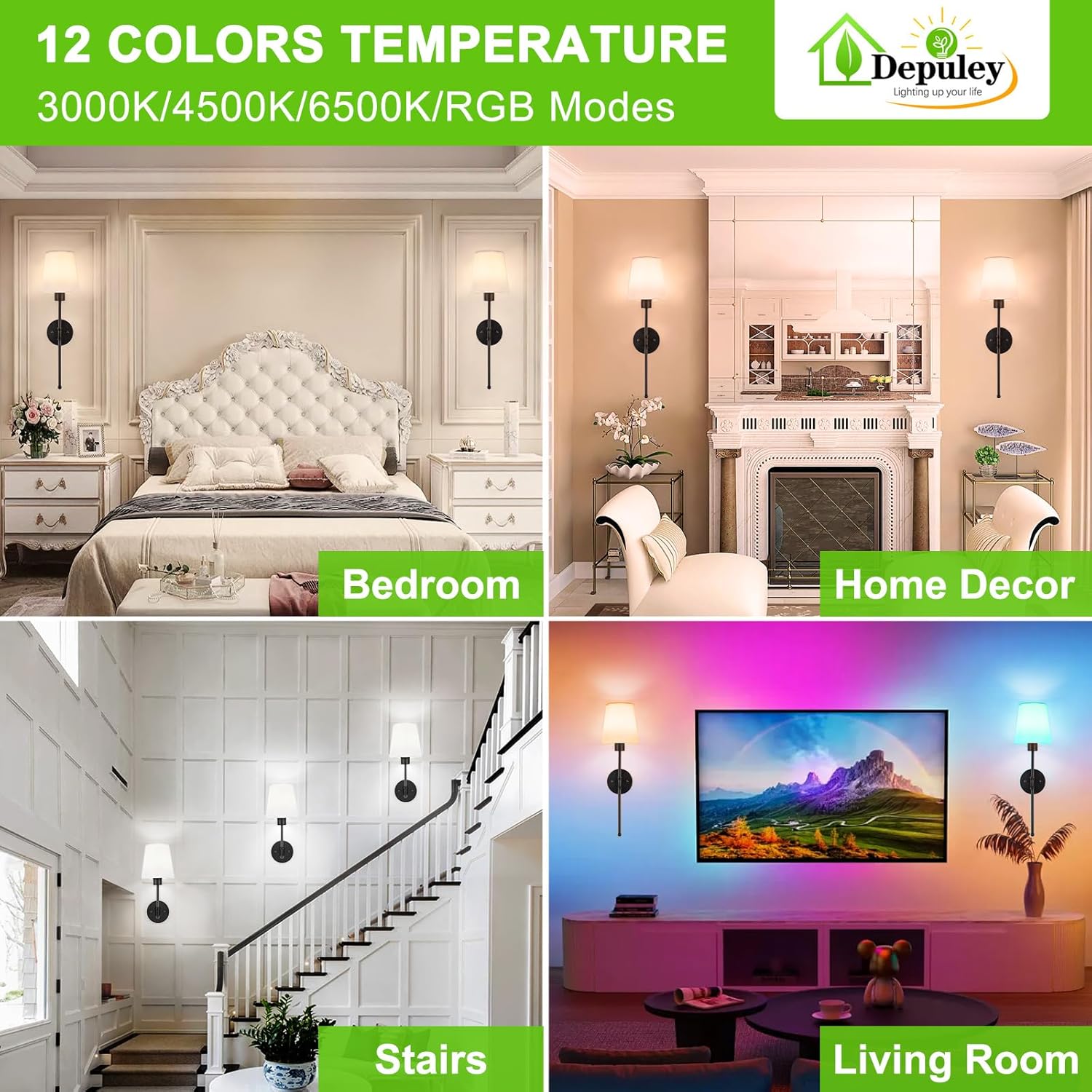 Depuley Battery Operated Wall Sconce: Set of 2 Wireless Wall Lights with Remote for Bedroom - Black Rechargeable 15 Colors RGB Halloween Wall Lamp for Living Room Hallway