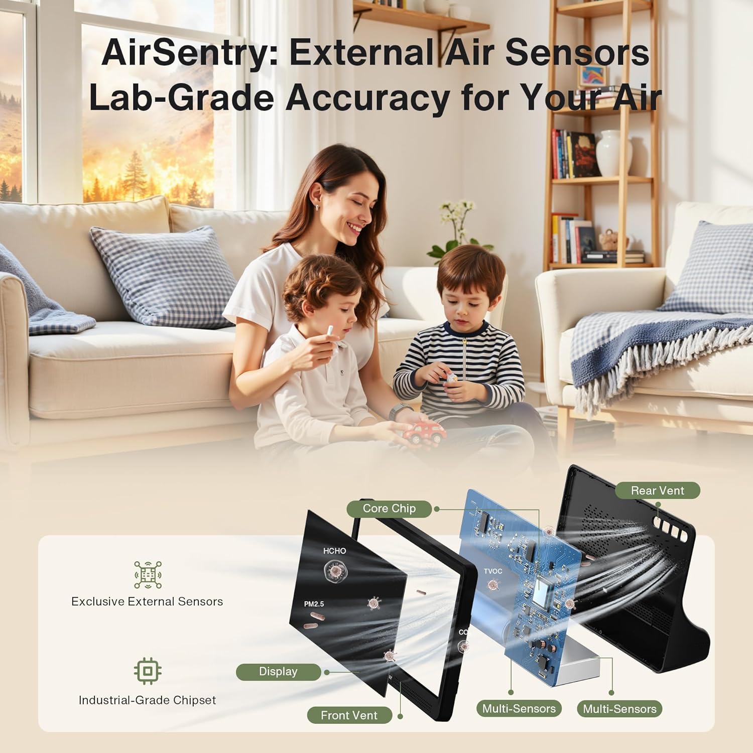 bonoch 16 in 1 Air Quality Monitor Indoor 7" Display 9 AQI+7 AQI Alerts, CO2 Monitor Air Quality Tester for CO2, TVOC, PM2.5 PM1.0 PM10, HCHO Temperature Humidity AQI & Time Air Quality Meter for Home