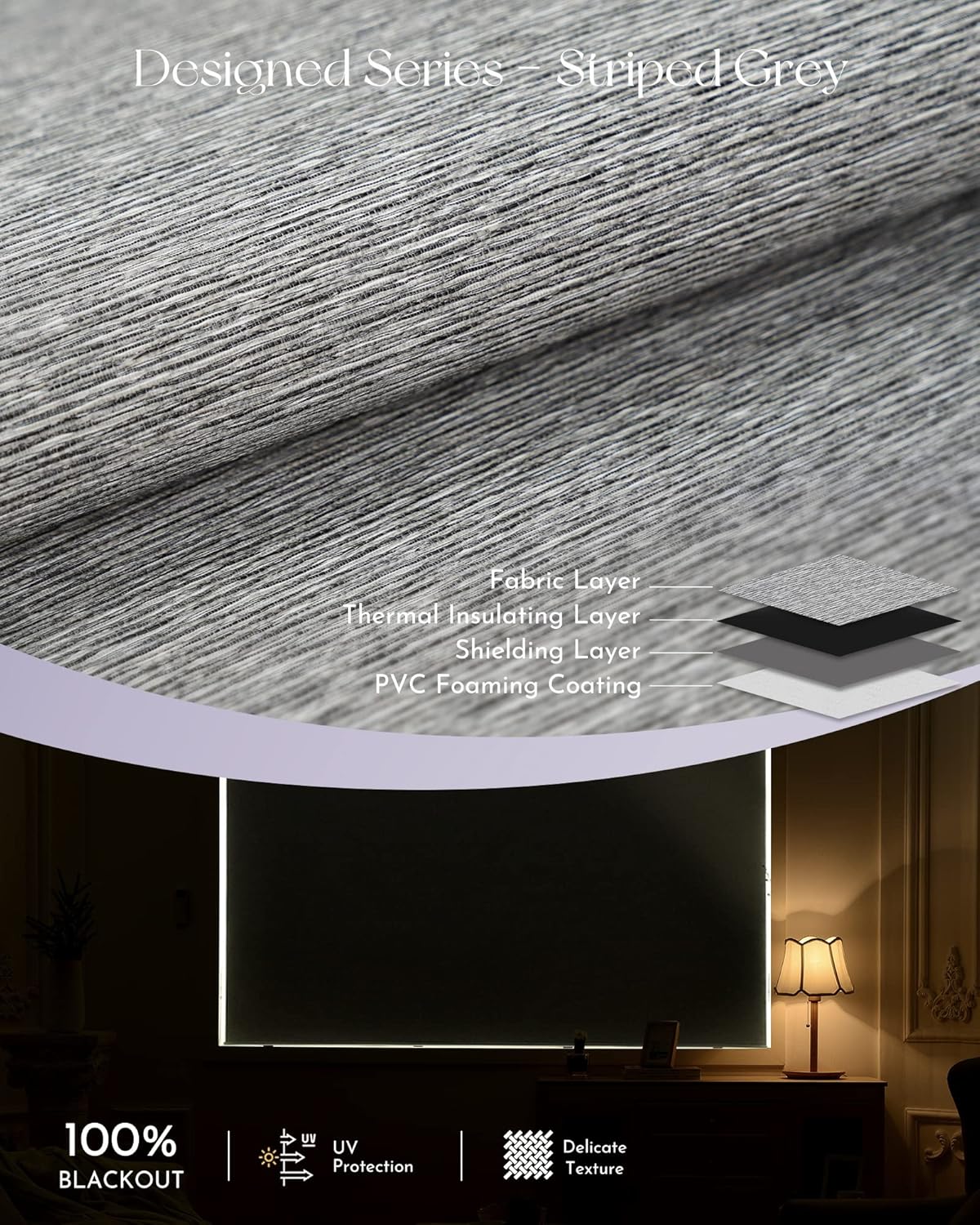 Graywind Smart Blackout Roller Shades Compatible with Alexa Google Textured Gleaming Fabric Rechargeable Motorized Blinds Cordless Remote Control Window Shades, Custom Size (Striped Grey)