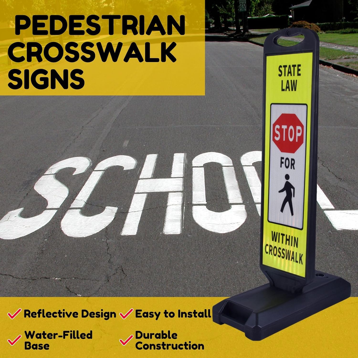 2-Pack Pedestrian Crosswalk Signs 44" Double-Sided Stop for Pedestrians Signs with Fillable Water Bases, Heavy-Duty Safety Cones for Streets, Parking Lots, and School Zones