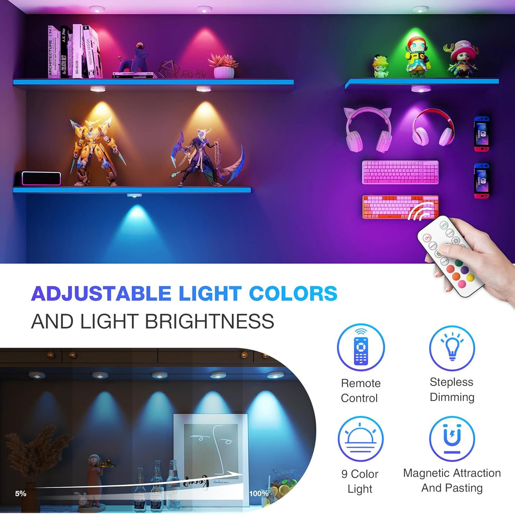 RGB Puck Lights with Remote Control, 2000mAh Battery Operated Tap Lights Rechargeable, 9 Colors & 2 Dynamic Changing Under Cabinet Lighting, Magnetic Stick on Light for Closet(White, 3 Pack)