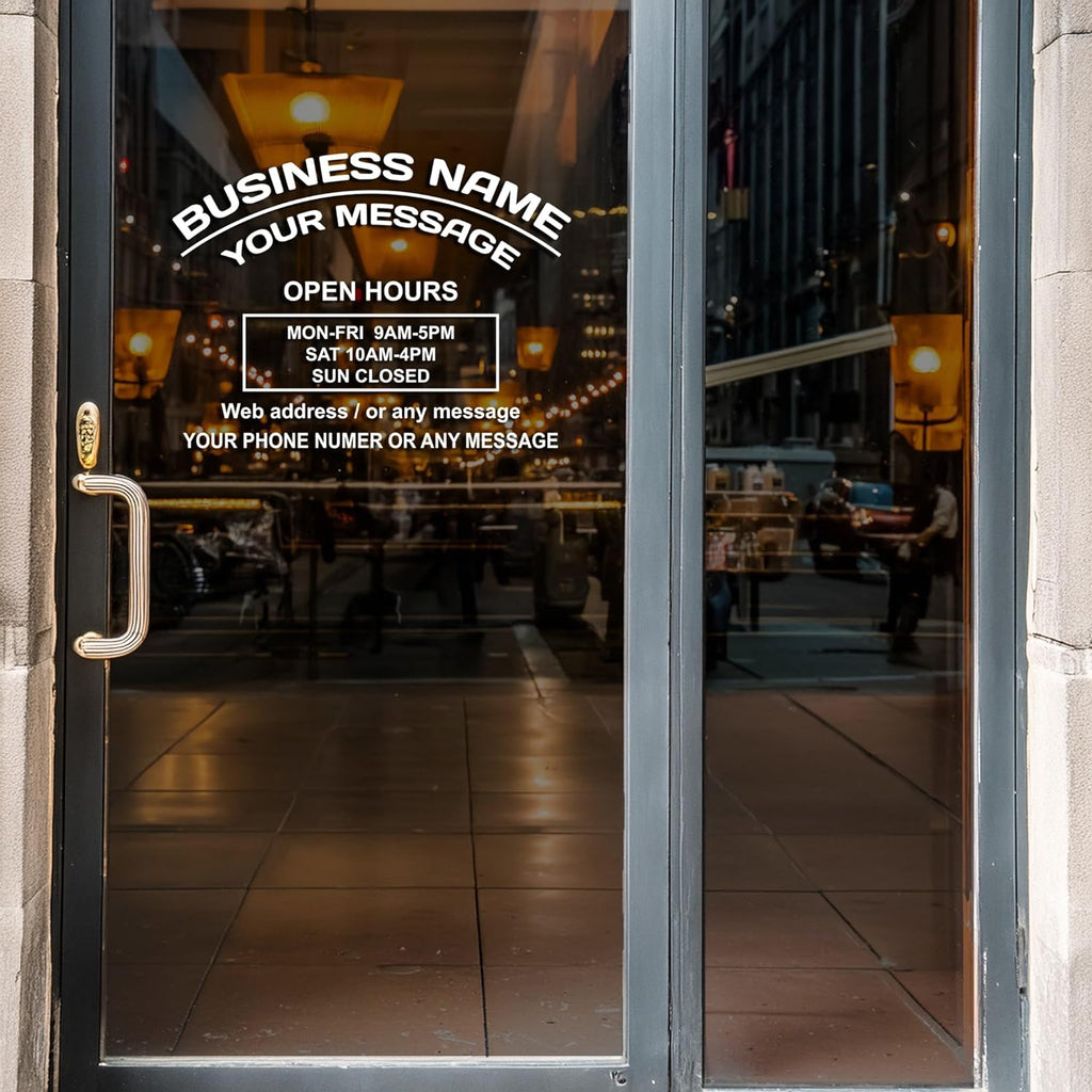 Business Hours Sign for Window – Two Title Lines (Two Arc Lines)