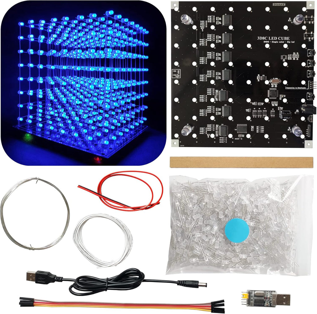 8x8x8 LED Cube DIY Electronic Soldering Project Kit, User Needs to Solder The LED, Displayed Content Can Be Modified [3D8C-BLUE]